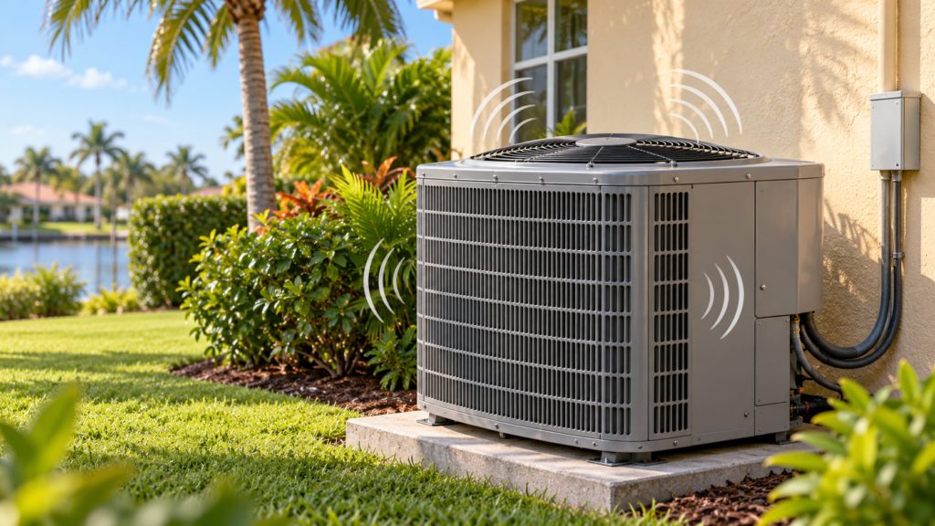 Illustration of a residential outdoor AC condenser with sound-wave symbols indicating an unusual noise