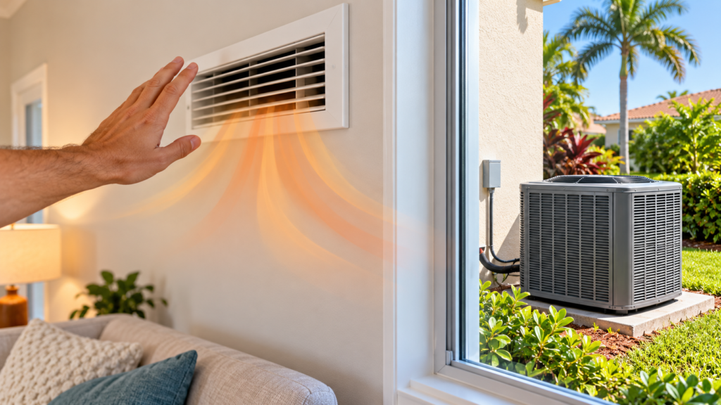 Illustration of warm air from an indoor AC vent and a residential outdoor condenser