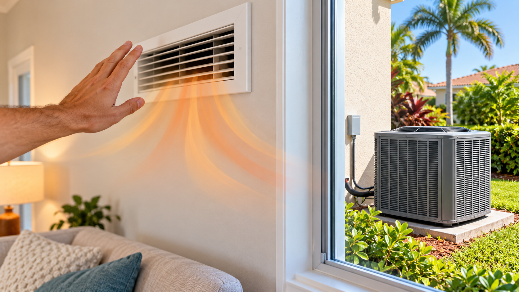 Illustration of warm air from an indoor AC vent and a residential outdoor condenser