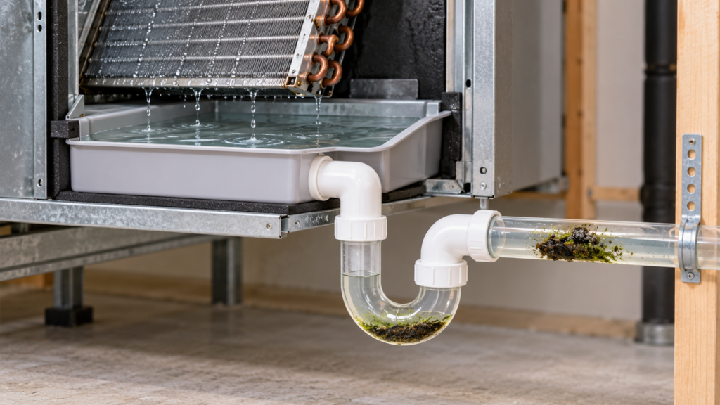 Illustration of an indoor AC condensate pan and drain trap with debris obstructing water flow