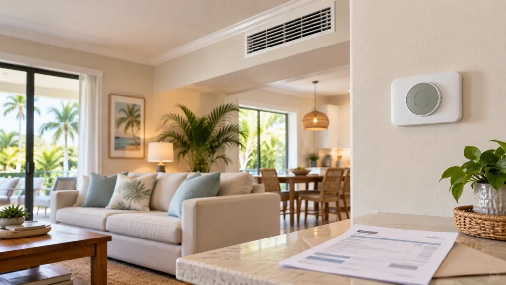 Illustration of a South Florida living room with a wall thermostat and a household utility bill