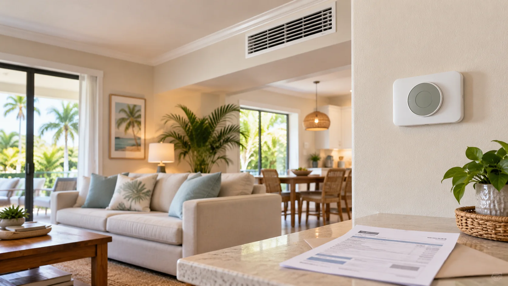 Illustration of a South Florida living room with a wall thermostat and a household utility bill