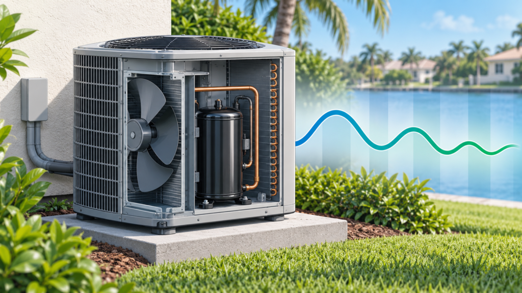 Illustration of a residential outdoor AC unit with a conceptual modulation curve for inverter operation