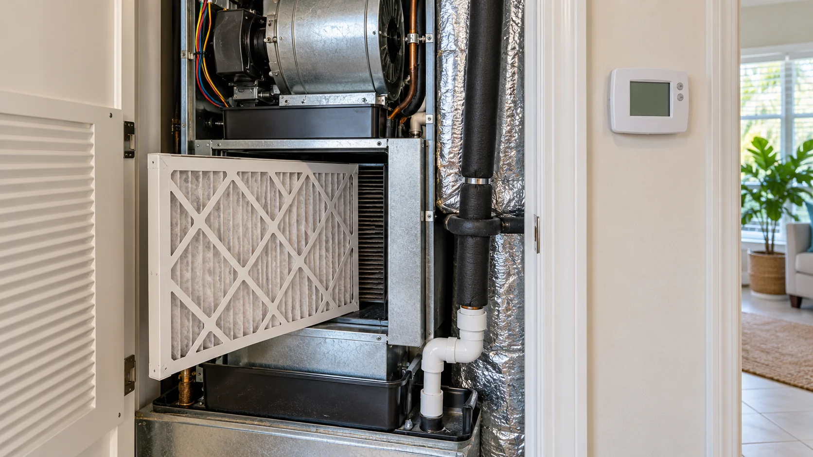 Illustration of an indoor air handler with its filter and airflow path visible in a home